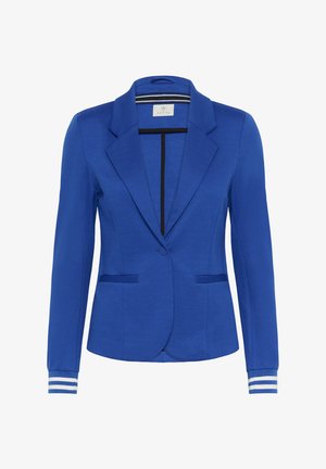 Blue blazer with tailored fit, notch lapels, and two front pockets. Features striped accents on the cuffs and smooth fabric texture.