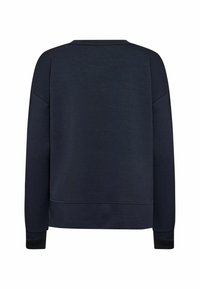 Dark navy sweatshirt, soft fabric, crew neckline, long sleeves, ribbed cuffs, and hem. Simple, solid color with no visible patterns or accents.