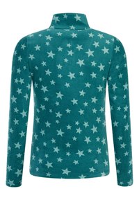 Veste polaire bleu sarcelle à manches longues avec un motif d'étoiles bleu clair sur toute la surface et un col montant, vue de dos.