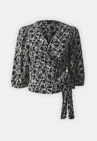 Schwarz-weißer Wickeloberteil mit puffartigen Ärmeln, versehen mit einem geometrischen Muster und seitlichem Bindedetail. Hergestellt aus leichtem, strukturiertem Stoff.