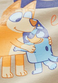 Illustration af to tegneseriehunde, der omfavner hinanden: den ene orange med lysebrune accenter, den anden blå med mørkere pletter. Blød, glat tekstur, klare farver.