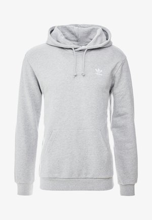 Hellgrauer Adidas-Hoodie mit Fronttasche, verstellbarer Kordelzug-Kapuze und kleinem weißen Adidas-Logo auf der linken Brust.