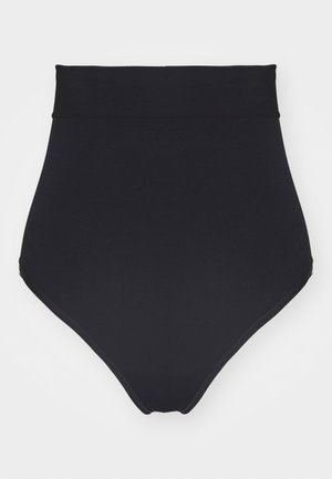 Hoge taille zwarte slip gemaakt van rekbaar materiaal met een gladde textuur. Kenmerkt zich door een brede band in de taille en naadloze randen.