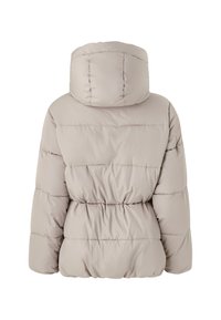 Giacca puffa grigia chiara con cappuccio, caratterizzata da un design a righe orizzontali, vita svasata e texture morbida e liscia. Vista da dietro.