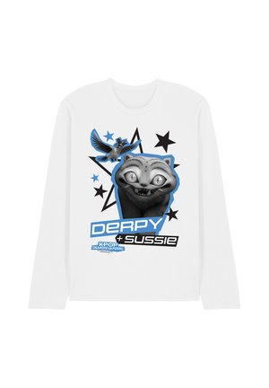 White long-sleeve shirt with cartoon cat face, flying bird, black and blue stars, and text "DERPY + SUSSIE KPOP DEMON HUNTERS."