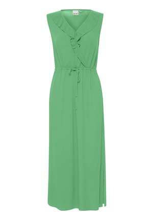 Zelené maxi šaty bez rukávov s výstrihom do V, volánmi, pásovým viazaním a bočným rozparkom. Vyrobené z mäkkej tkaniny s hladkou textúrou.