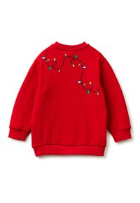 Maglione rosso a maniche lunghe con una colorata fila di luci di Natale sul retro superiore e polsini e orlo a coste.