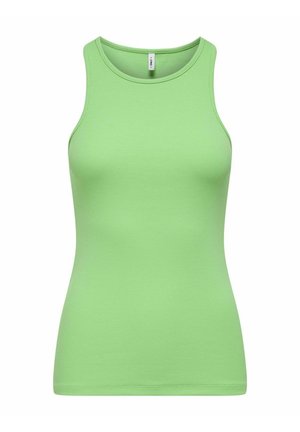 Πράσινο ριγέ τοπ με υψηλή λαιμόκοψη και φαρδιές τιράντες; διαθέτει εφαρμοστή σιλουέτα και απαλό υφή.