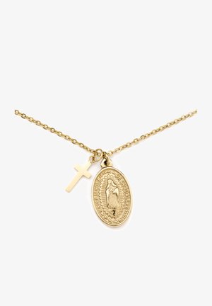 Collier chaîne en or avec petite croix et médaillon religieux ovale représentant la Vierge de Guadalupe.