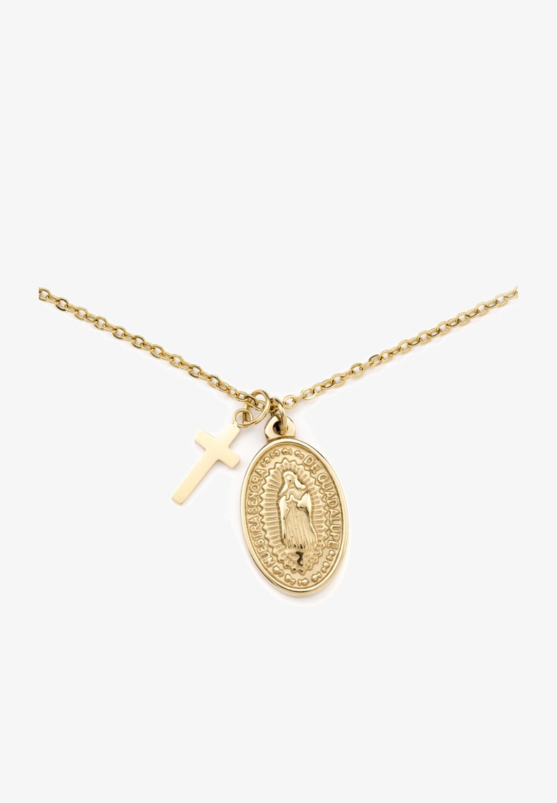 Collier chaîne en or avec petite croix et médaillon religieux ovale représentant la Vierge de Guadalupe.