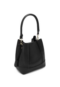 Black leather handbag with a structured design, featuring a single shoulder strap and gold-tone hardware accents. Smooth texture, no visible pattern.