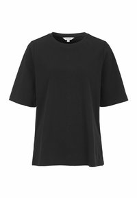 Musta lyhythihainen T-paita, joka on valmistettu pehmeästä puuvillasta. Ominaisuuksiin kuuluu pyöreä kaula-aukko ja väljä istuvuus, соn sileä pinta ilman näkyviä kuvioita tai metalliosia.