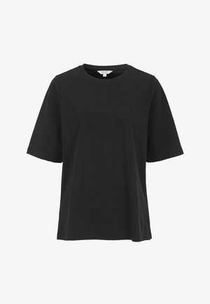 Zwart T-shirt met korte mouwen, gemaakt van zachte katoen. Het heeft een ronde hals en een ontspannen pasvorm, met een gladde textuur en zonder zichtbare patronen of hardware.