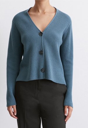 Vrouw draagt een blauw geribd gebreid vest met drie zwarte knopen over een zwarte broek, zichtbaar van schouders tot heupen.