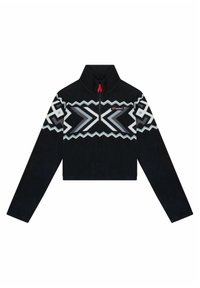 Polaire noire à manches longues avec motif géométrique blanc et gris sur la poitrine et les manches, demi-fermeture éclair avec tirette rouge, logo Berghaus.