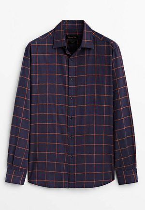 Navy blue long-sleeve button-up shirt with orange windowpane check pattern and pointed collar.