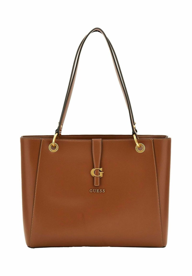 Bolso tote de cuero sintético marrón con herrajes dorados, que presenta un acento de logo, dos asas para hombros y una forma estructurada.