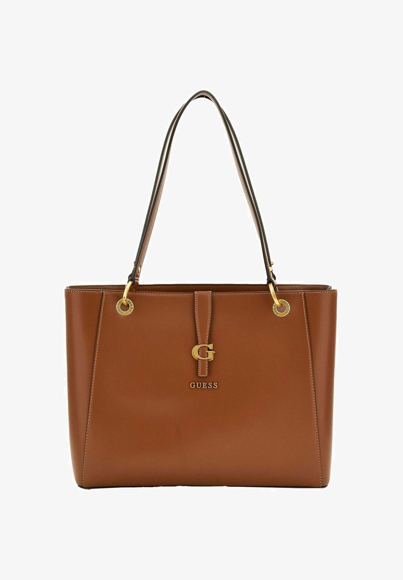 Borsa tote in eco-pelle marrone con hardware dorato, caratterizzata da un'accents con logo, due manici per la spalla e una forma strutturata.