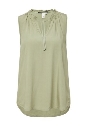 Ärmelloses, hellgrünes Oberteil aus weichem Stoff, mit gerüschtem Halsausschnitt, einem Schlitz und einem abgerundeten Saum mit seitlichen Schlitzen.