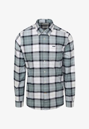 Overhemd met lange mouwen met grijs, zwart en wit geruit patroon, een borstzak en een kraag met knoopsluiting.