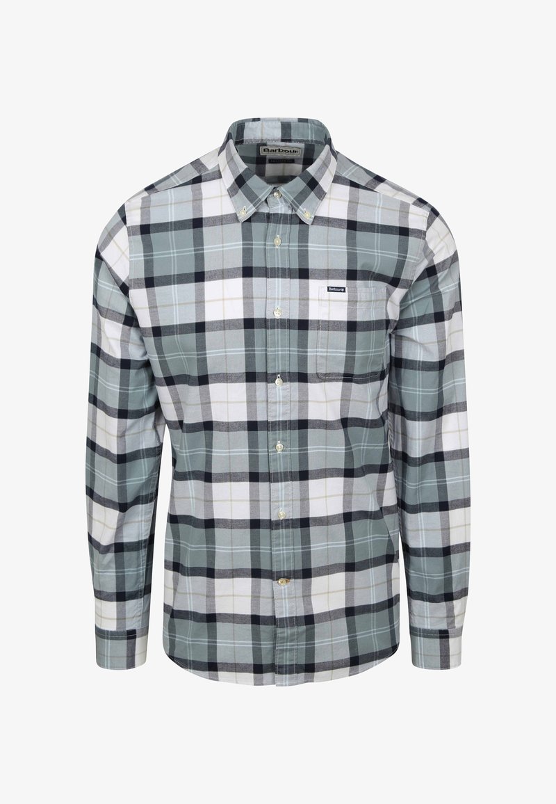 Overhemd met lange mouwen met grijs, zwart en wit geruit patroon, een borstzak en een kraag met knoopsluiting.