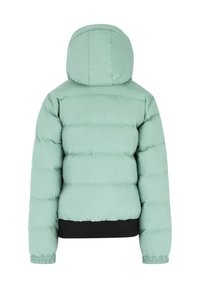 Mintgrüne Daunenjacke mit einem taillierten schwarzen Bund, gerippten Bündchen und einer Kapuze. Sichtbare gesteppte Textur am Körper und an den Ärmeln.