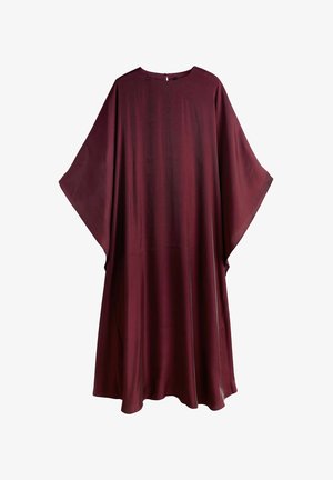 Tumedapunane kimono-stiilis kleit laiade varrukatega, lõdva lõikega, ümmarguse kaelusega ja tagumise kinnitusega. Sile, kerge kangas peene läikega.