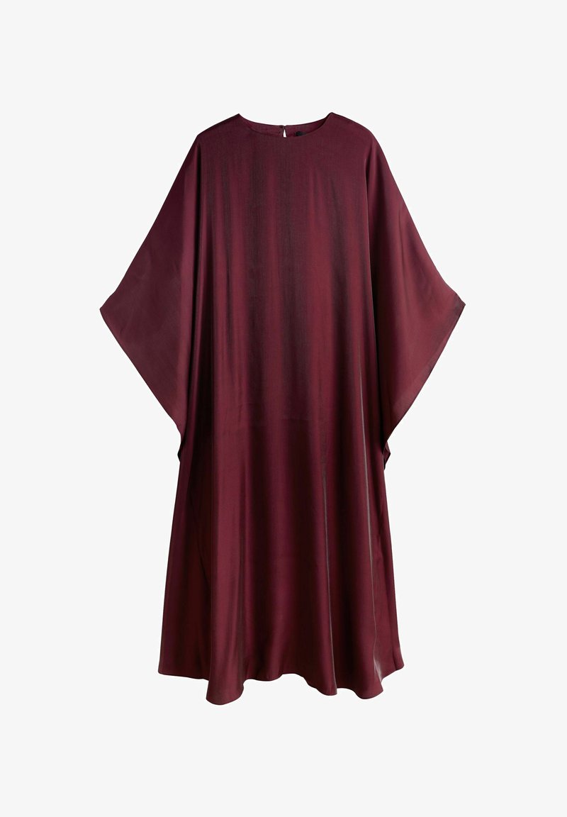 Bordó, kimono stílusú ruha széles ujjakkal, bő szabással, kerek nyakkivágással és hátul záródó kialakítással. Simogató, könnyű anyag, finom fényes felülettel.