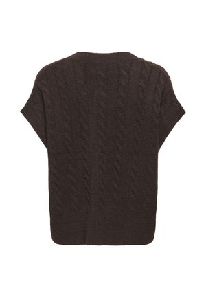 Pull en maille marron foncé à manches courtes avec un motif torsadé et un ourlet côtelé, vu de dos sur fond blanc.