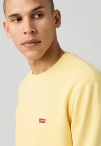 Jonge man met kort haar in een lichtgele Levi's trui, die opzij kijkt tegen een effen lichte achtergrond.