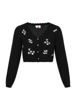 Fekete, rövidített kardigán hosszú ujjal, V-nyakkivágással és virágos hímzéssel. Díszgombokkal és texturált kötött anyaggal rendelkezik.