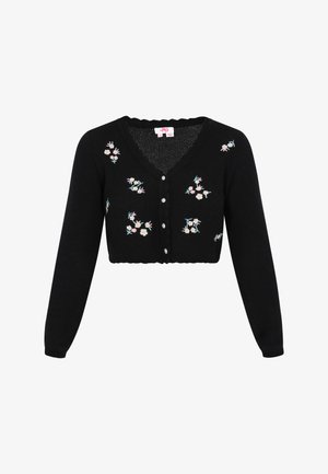 Cardigan scurt negru cu manșoni lungi, de tip V, și broderie florală. Prezintă butoane decorative și un material tricotat texturat.