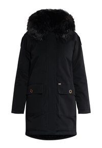 Sort parka med faux fur hætte, to frontlommer, guldknapdetaljer og tekstureret stof. Mellemlang med lige snit.