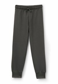 Dunkelgraue Sweatpants mit elastischem Bund, Kordelzug und gerippten Fußbündchen, auf einem weißen Hintergrund präsentiert.