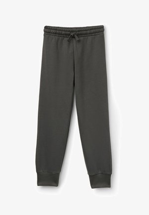 Tmavě šedé tepláky s elastickým páskem, stahovací šňůrkou a žebrovanými manžetami. Vyrobené z měkké látky s hladkým povrchem.