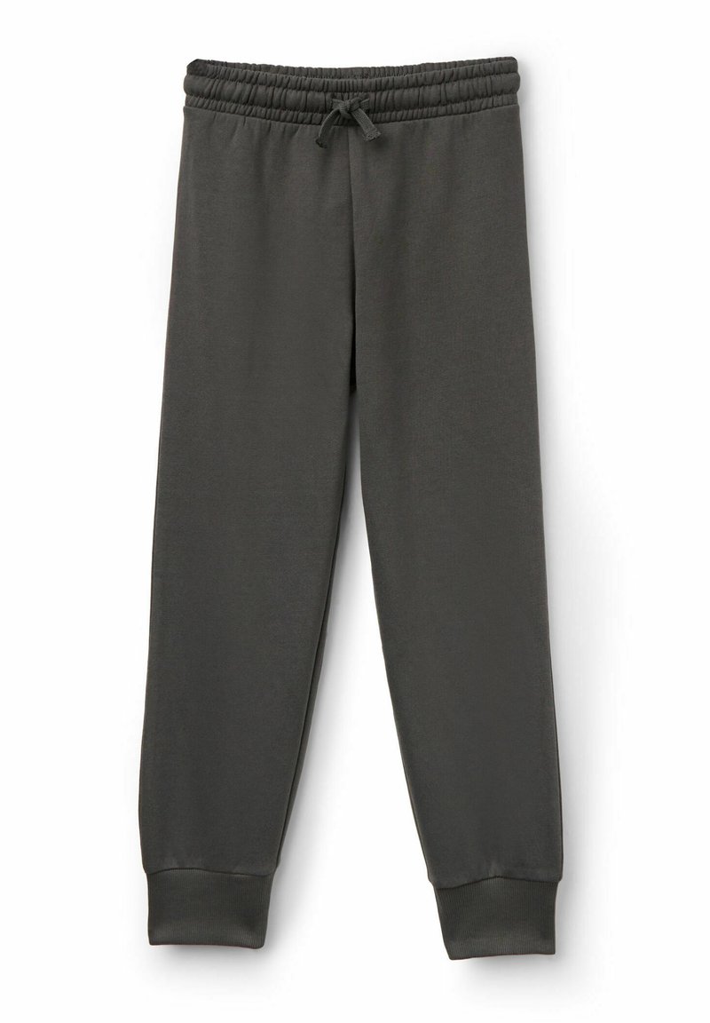 Dunkelgraue Sweatpants mit elastischem Bund, Kordelzug und gerippten Fußbündchen, auf einem weißen Hintergrund präsentiert.