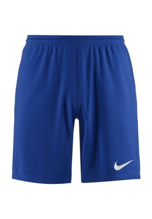 Niebieskie sportowe szorty z elastycznym pasem i białym logo Nike w kształcie łyżwy na dolnej prawej nogawce.