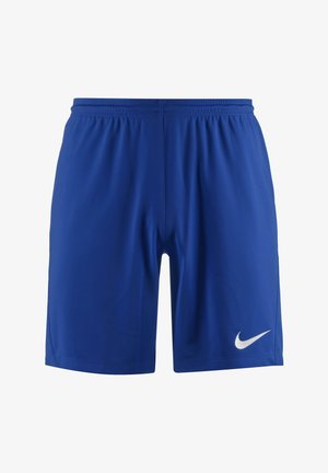 Niebieskie sportowe szorty z elastycznym pasem i białym logo Nike w kształcie łyżwy na dolnej prawej nogawce.