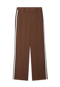 Pantaloni a gamba larga a quadri marroni con vita alta, caratterizzati da strisce laterali bianche e una texture di tessuto liscia.