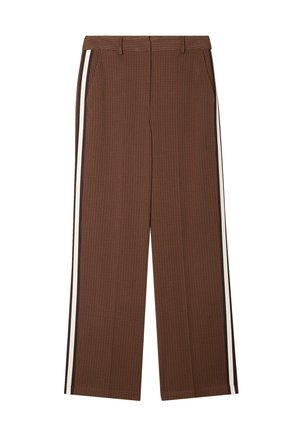 Brown checkered wide-leg trousers with a high waist, featuring white side stripes and a smooth fabric texture.