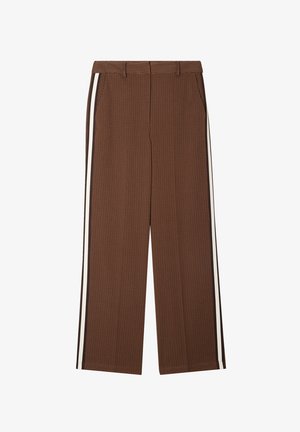 Bruine geruite wijde broek met hoge taille, voorzien van witte zijstrepen en een gladde stofstructuur.