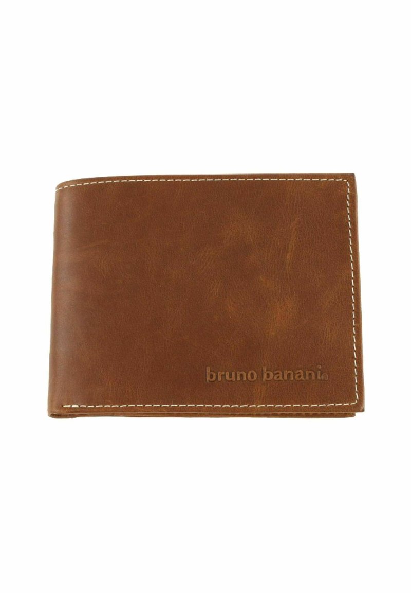 Brown leather wallet with white stitching, featuring a logo embossed on the front. Bi-fold design, smooth texture, and minimalistic appearance.