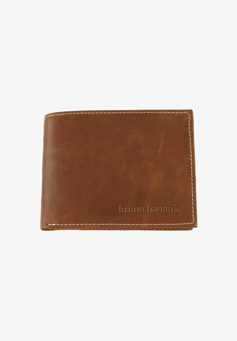 Brown leather wallet with white stitching, featuring a logo embossed on the front. Bi-fold design, smooth texture, and minimalistic appearance.