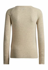 Pull beige en maille côtelée à manches longues avec un col rond, vu de dos.
