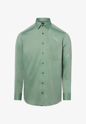 Long-sleeve light green dress shirt with pointed collar, button front, and single chest pocket on white background.