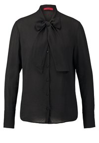 Blouse noire à manches longues avec boutons sur le devant, nœud attaché au col et poignets ajustés, taillée pour un look élégant et formel.