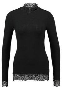 Sort langærmet tætsiddende ribbet top med blondekant ved kraven, manchetterne og kanten.