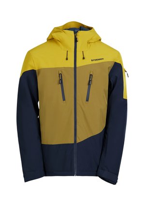 Gul och marinblå vattentät jacka med huva, med fickor med dragkedja och en geometrisk färgblockdesign. Slät textur genom hela.