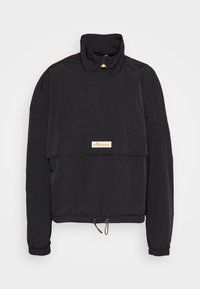 Veste pull noire à manches longues avec demi-zip, col haut, poignets élastiques, ourlet avec cordon de serrage et patch logo blanc au centre devant.