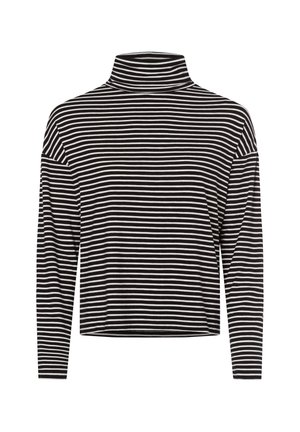 Zwart-wit gestreepte langemouwen turtleneck top met een cropped ontwerp. Zachte stof met een gladde textuur en brede kraag.